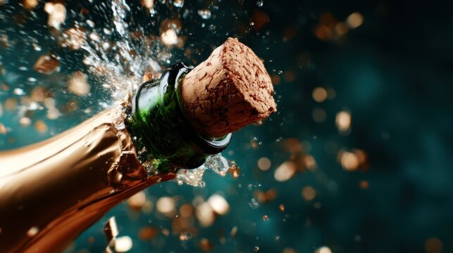 A dynamic image capturing a champagne cork exploding out of the bottle, splashing bubbly liquid and conveying a sense of celebration, joy, and festive occasions in style.