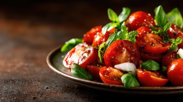 A colorful salad featuring ripe tomatoes garnished with fresh herbs and spices, vibrant and appetizing, ideal for healthy meals or as a delightful side dish.