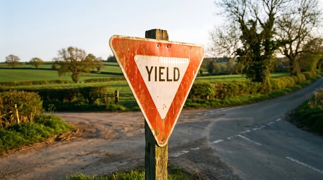 Weathered triangular yield traffic sign at a rural country road