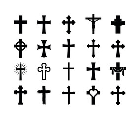 Fototapeta premium Christian Cross Symbols, solid glyph icon set, create 20 fully filled black glyph icons in a 5x4 layout showing simple cross, Christian cross, Catholic cross, crucifix silhouette, church faith symbol,