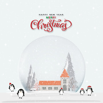 Christmas Snow Globe With Winter Village And Penguins, Merry Christmas And Happy New Year Greeting Card, Snowy House, Forest Trees And Snowfall In Holiday Vector Illustration And Festive Background