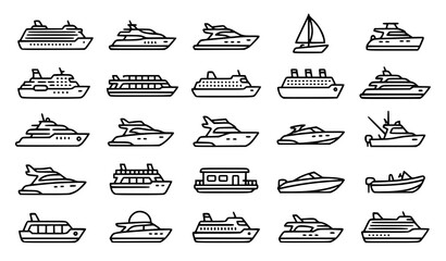Cruise Ship and Luxury Yacht Line Art Icon Set Featuring Passenger Liners Motorboats Sailboat Fishing Boat and Marine Transportation Vector Graphics © MdWajed