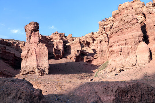 Picturesque scenery of Charyn Canyon in the sunset light, northern region of Tien Shan Mountains. Famous landmark Natural monument Valley of Castles, National Nature Park, Almaty region, Kazakhstan