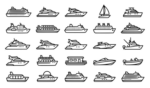 Cruise Ship and Luxury Yacht Line Art Icon Set Featuring Passenger Liners Motorboats Sailboat Fishing Boat and Marine Transportation Vector Graphics