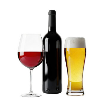 Wine and beer glass with bottle isolated on transparent background