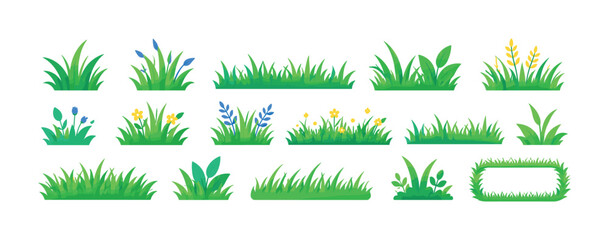 Fototapeta premium Green Grass Silhouette, bright flat vector icon set, 15 colorful isolated object icons of grass tuft, meadow blade, lawn border, garden grass, field plant, spring herb, park grass, floral meadow