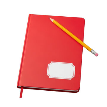 Red notebook with pencil isolated on transparent background