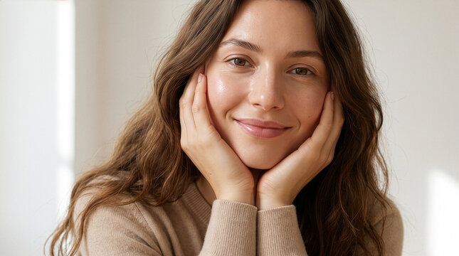 Elegant French Woman Framing Face with Hands for Premium Skincare