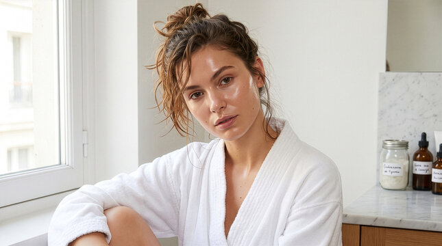 Fresh French Woman with Damp Hair Post-Skincare Routine in Window Light