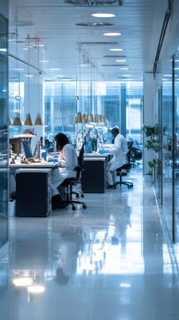 Modern laboratory with scientists working in cleanroom suits masks. Two professionals in sterile lab coats face masks meticulously work at their stations in a bright, contemporary research facility