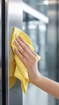 Woman's hand cleaning a stainless steel surface with a yellow microfiber cloth. Woman's hand using a yellow microfiber cloth to polish a shiny stainless steel surface, ensuring a spotless finish