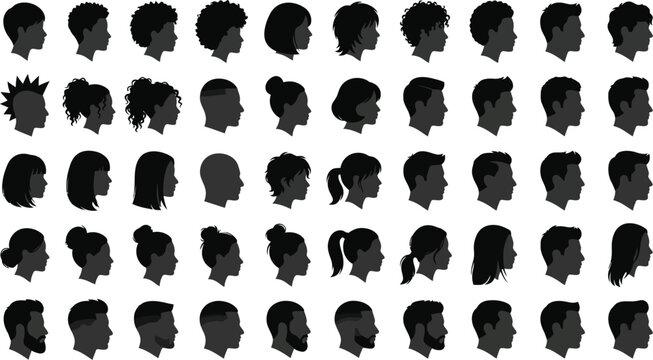 Set of head profile avatars, men and women hairstyles black vector