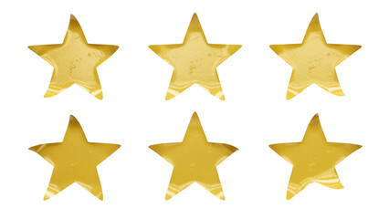 Fototapeta premium Shiny gold star symbols, metallic yellow rating elements, glossy award icons for success and achievement isolated on Transparent Background