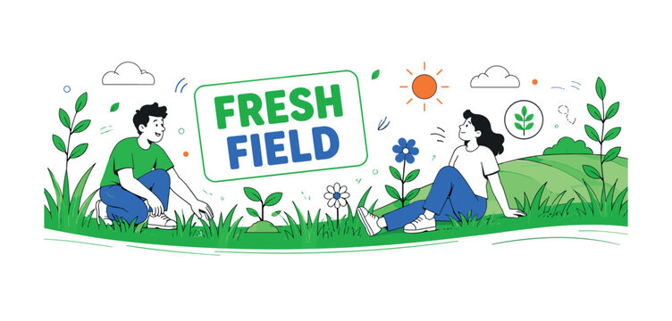 Grass Field Nature, clean editorial banner scene with 2 geometric characters, 2 oversized objects: green grassland strip and garden meadow border, 5 supporting details: spring plant, floral blade,