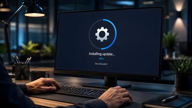 Desktop computer monitor showing installing system security patch update screen on dark office desk