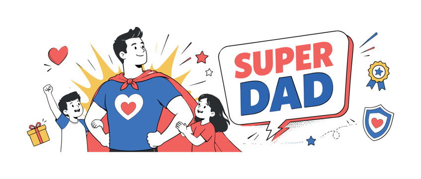 Super Dad Hero clean editorial banner scene, 3 geometric characters max celebrating father figure with oversized comic speech bubble, superhero cape, family heart and power burst, small supporting