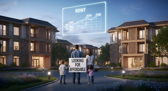 Family looking for affordable housing, rental properties, suburban neighborhood, evening, illuminated homes