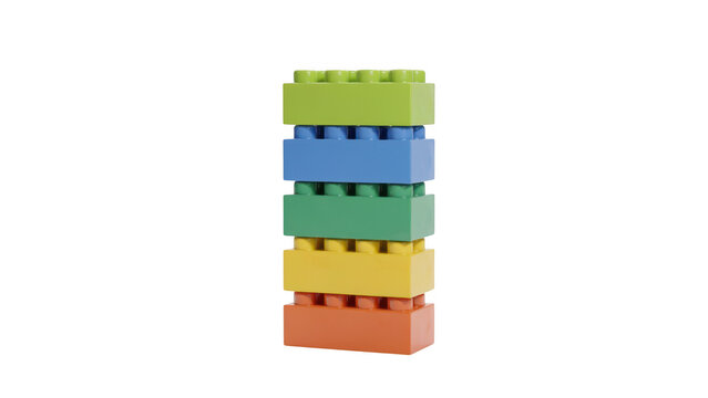 Colorful building blocks stacked vertically, plastic toy bricks tower, childhood education play objects isolated on Transparent Background