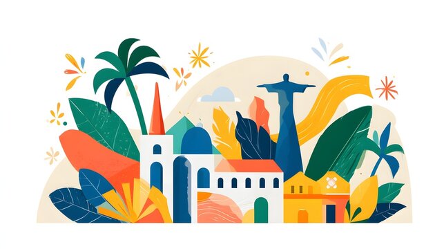 premium flat vector illustration of Brazil Independence Day featuring tropical plants, iconic architecture, festive ribbons and joyful cultural elements, clean modern editorial design