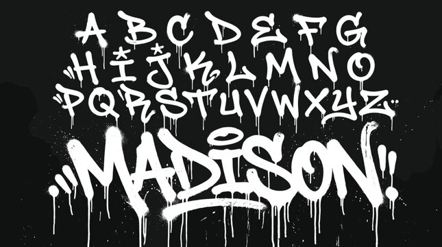 Graffiti alphabet vector set with dripping paint, urban street art font on black background, white spray paint letters for hip hop design