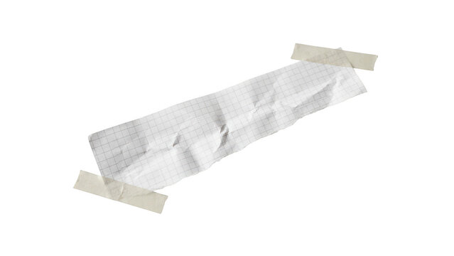Crumpled grid paper strip taped securely, white graph notebook sheet sticky tape element, stationary memo mockup template isolated on Transparent Background