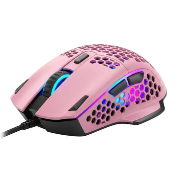 Pink gaming mouse with colorful lights isolated on transparent background