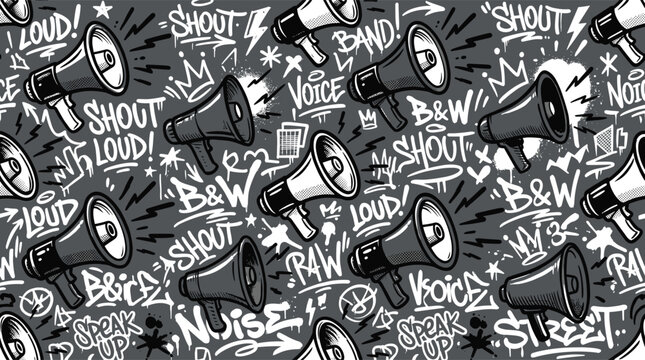 Graffiti megaphone seamless pattern, urban street art background with shout and loud text, black and white megaphone vector wallpaper