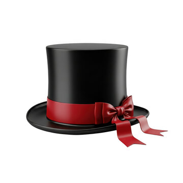 Elegant black top hat with red ribbon isolated on transparent background