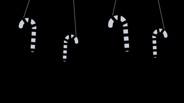 Striped candy canes hanging and swinging from the top edge, silver Christmas transparent overlay, seamless loop animation