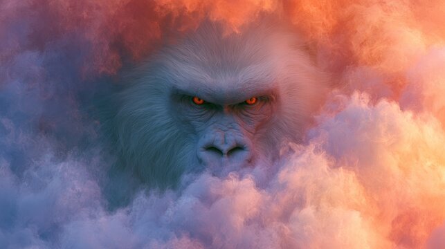 Intense gorilla face emerges from fiery sunset clouds glowing eyes