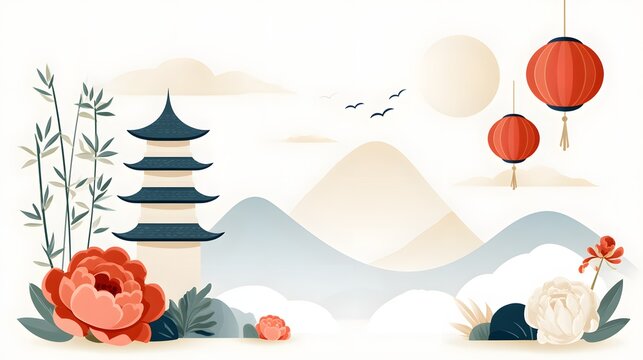 premium flat vector illustration of China National Day featuring pagodas, bamboo, peony flowers, lanterns, mountains and elegant decorative elements, clean editorial vector style