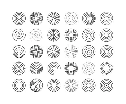 Concentric Circle Geometry line icon set, 30 clean outline icons showing concentric rings, ripple circles, halftone round marks, spiral waves, radial targets, optical rings, geometric tunnels, modern