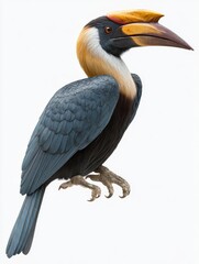 Obraz premium Detailed Portrait Of A Wreathed Hornbill With Large Yellow Beak Against A Plain White Background