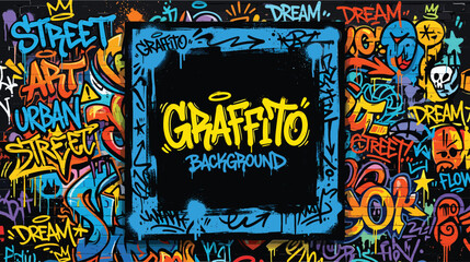Graffito background with urban street art, vibrant graffiti wall with hand drawn tags and doodles, colorful spray paint mural vector © Iconify Studio