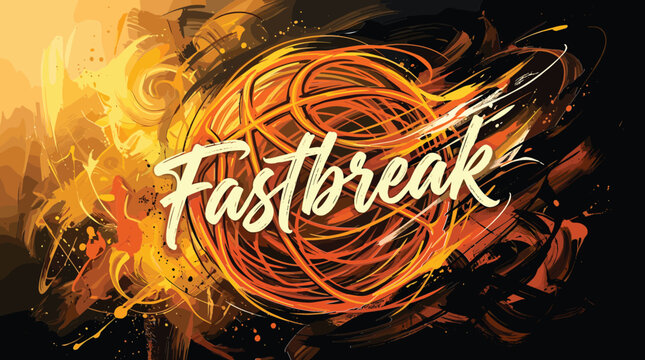 Dynamic basketball fastbreak typography vector, abstract sports action illustration with fiery orange swirls, energetic basketball court graphic