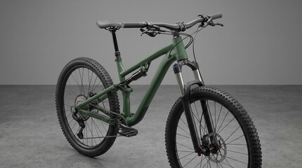 Fototapeta premium Three quarter front view of a matte olive green full suspension mountain bike mockup