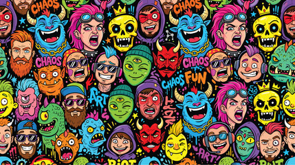 Graffiti street art seamless pattern, urban cartoon character doodle background, colorful monster and punk head wallpaper vector illustration © Iconify Studio