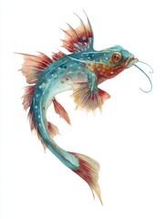 Fototapeta premium Detailed Watercolor Painting Of A Vibrant Tropical Fish With Blue Scales And Red Fin Details On White