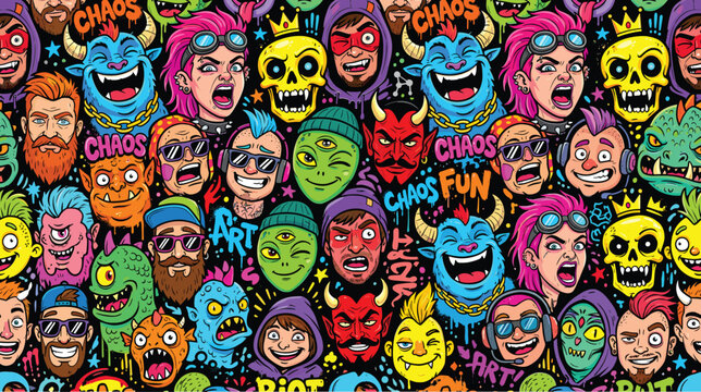 Graffiti street art seamless pattern, urban cartoon character doodle background, colorful monster and punk head wallpaper vector illustration