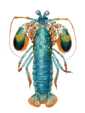 Detailed Watercolor Painting Of A Vibrant Peacock Mantis Shrimp Isolated On White Background