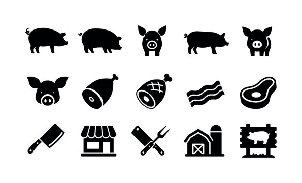 Pork Hog Silhouette, solid glyph icon set, create 15 fully filled black glyph icons for pig silhouette, hog, pork meat, farm animal, swine, ham, bacon, butcher label, meat shop, domestic animal,