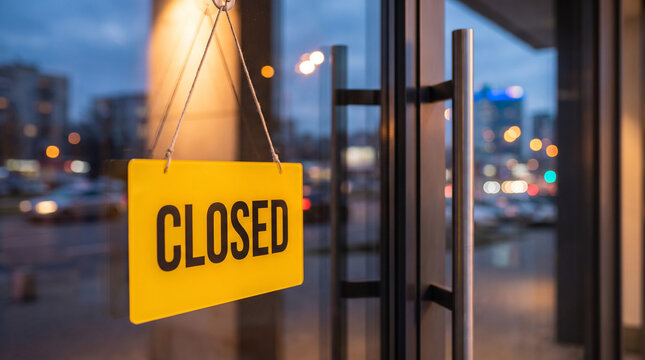 Vibrant yellow 'CLOSED' sign prominently displayed on a shop's glass door during evening hours.