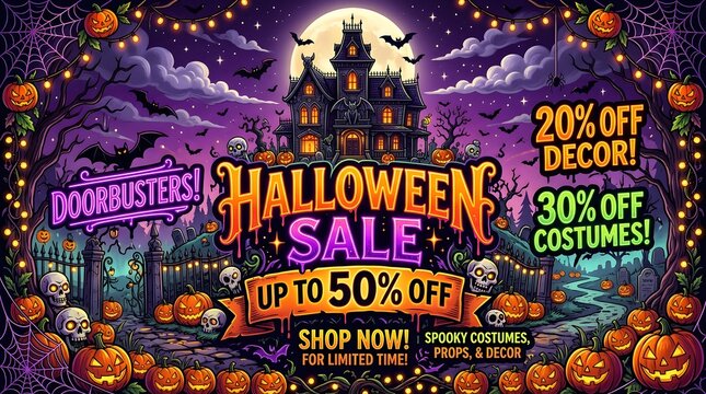 Halloween sale promotional poster with haunted house, skulls, and pumpkins, up to 50 percent off