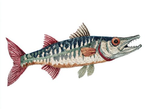Embroidered Needlework Of A Barracuda Fish Isolated On White Background