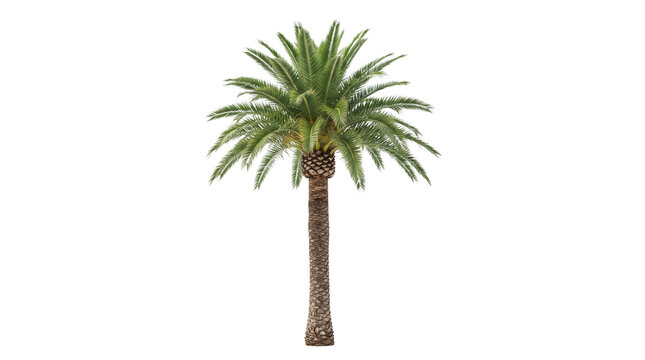 Tropical date palm tree isolated on white background, green phoenix dactylifera with textured trunk, exotic botanical plant for architectural visualization