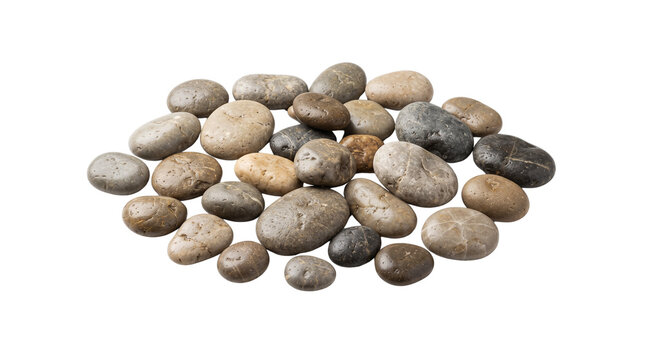 Smooth river stones on white background, natural pebble collection for spa and wellness, organic round rocks in earth tones for landscaping and garden design