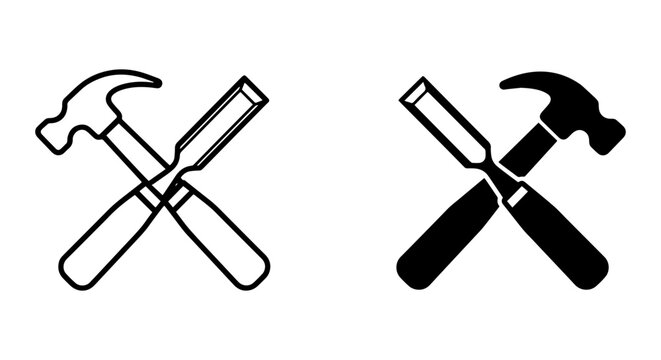 Crossed Hammer and Chisel Icons, Carpentry Tools, Woodworking Symbols, Craftsmanship Emblem