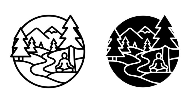 Meditating Yogi in Nature Landscape, Serene Mountain Forest Scene, Zen Mindfulness Vector Icon