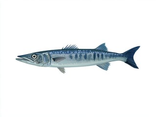 Naklejka premium Full Body Lateral Profile Of A Silver Barracuda Fish Isolated Against A Plain White Background