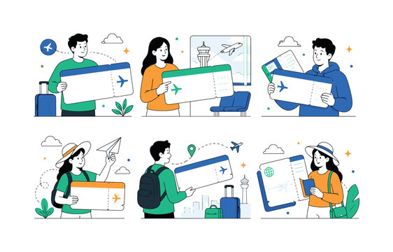 Airline Boarding Ticket, clean editorial illustration set, create 6 separate small editorial illustrations about airline tickets, boarding passes, flight coupons, paper plane travel, airport journey